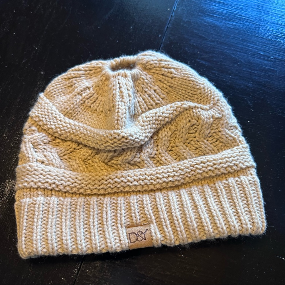 David and Young Cream Knit Kids Beanie Pony Tail Beanie Hole